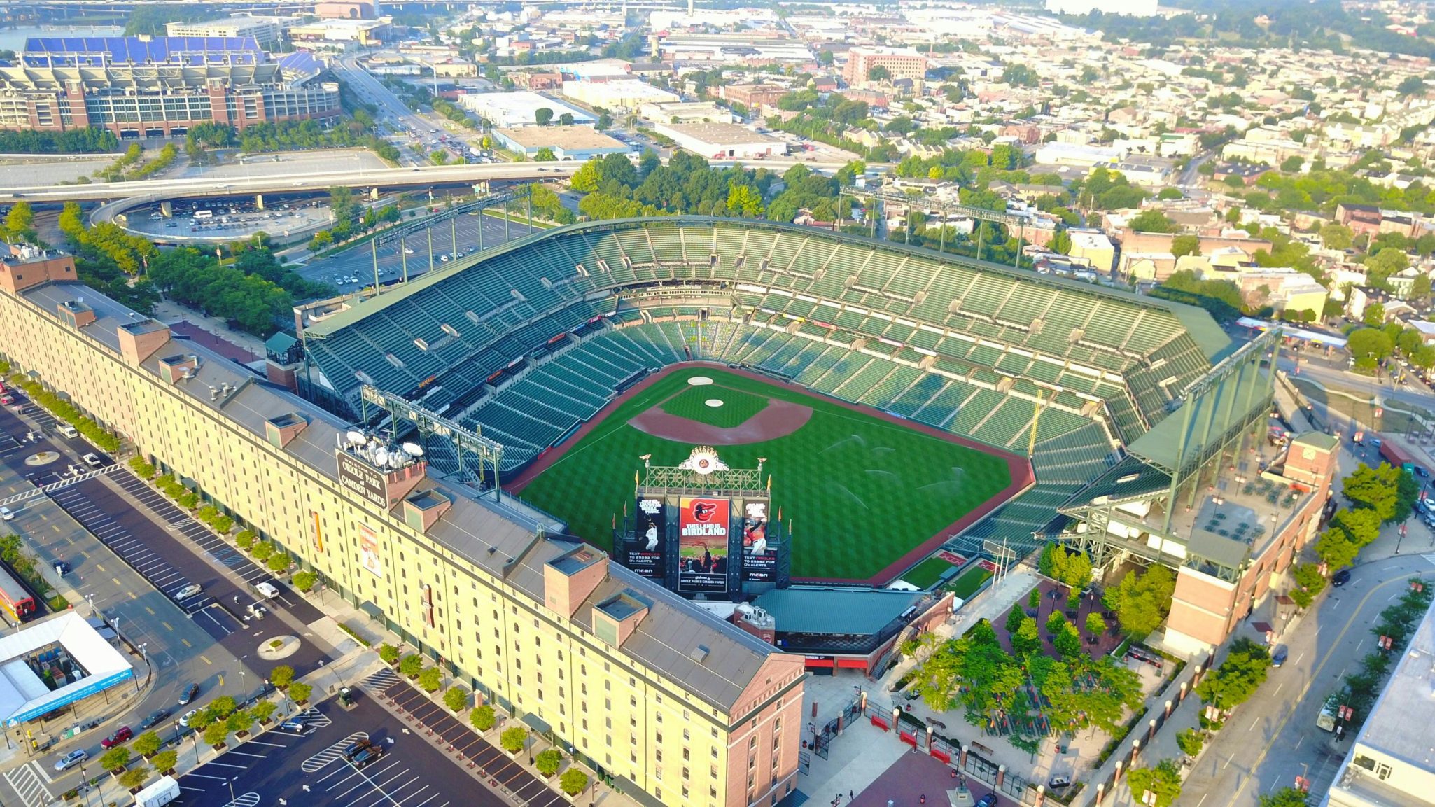 Aerial shot of Camden Yards, home of the Baltimore Orioles, showcasing its iconic architecture.