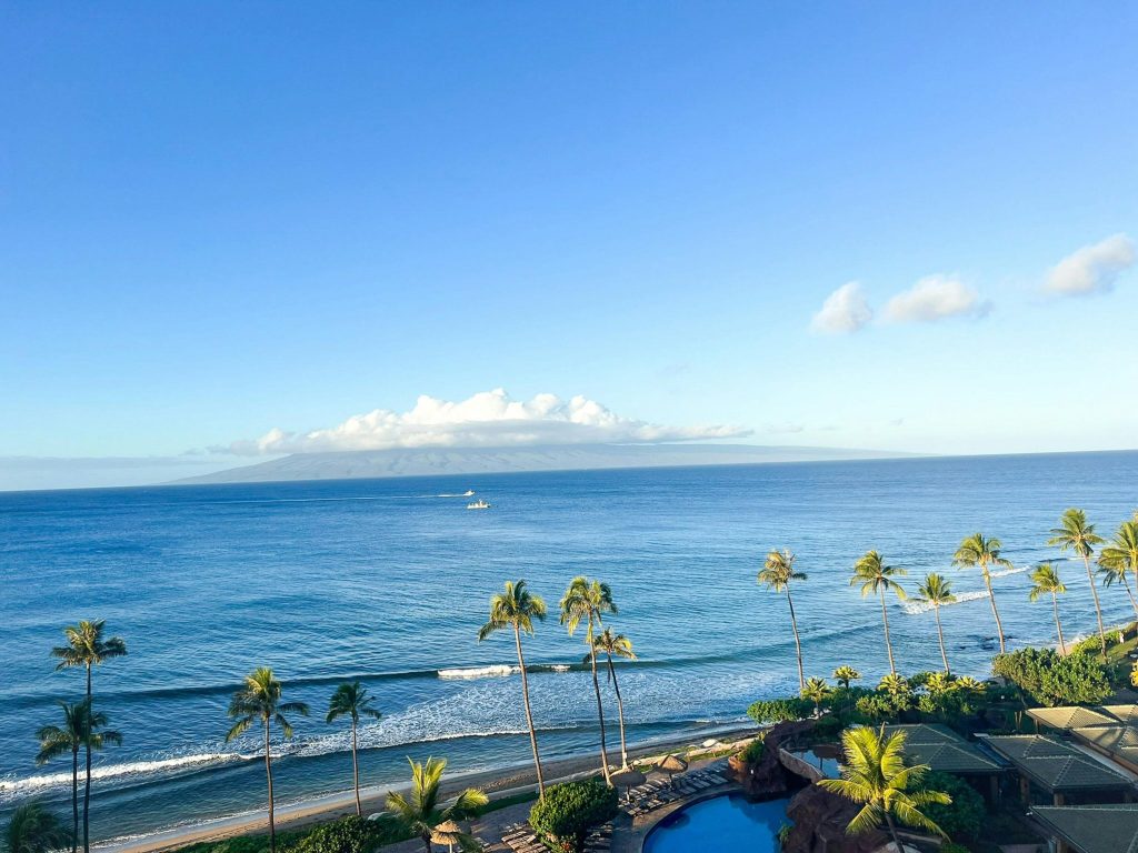 Aerial view of the lush Maui coastline with palm trees and clear blue waters.