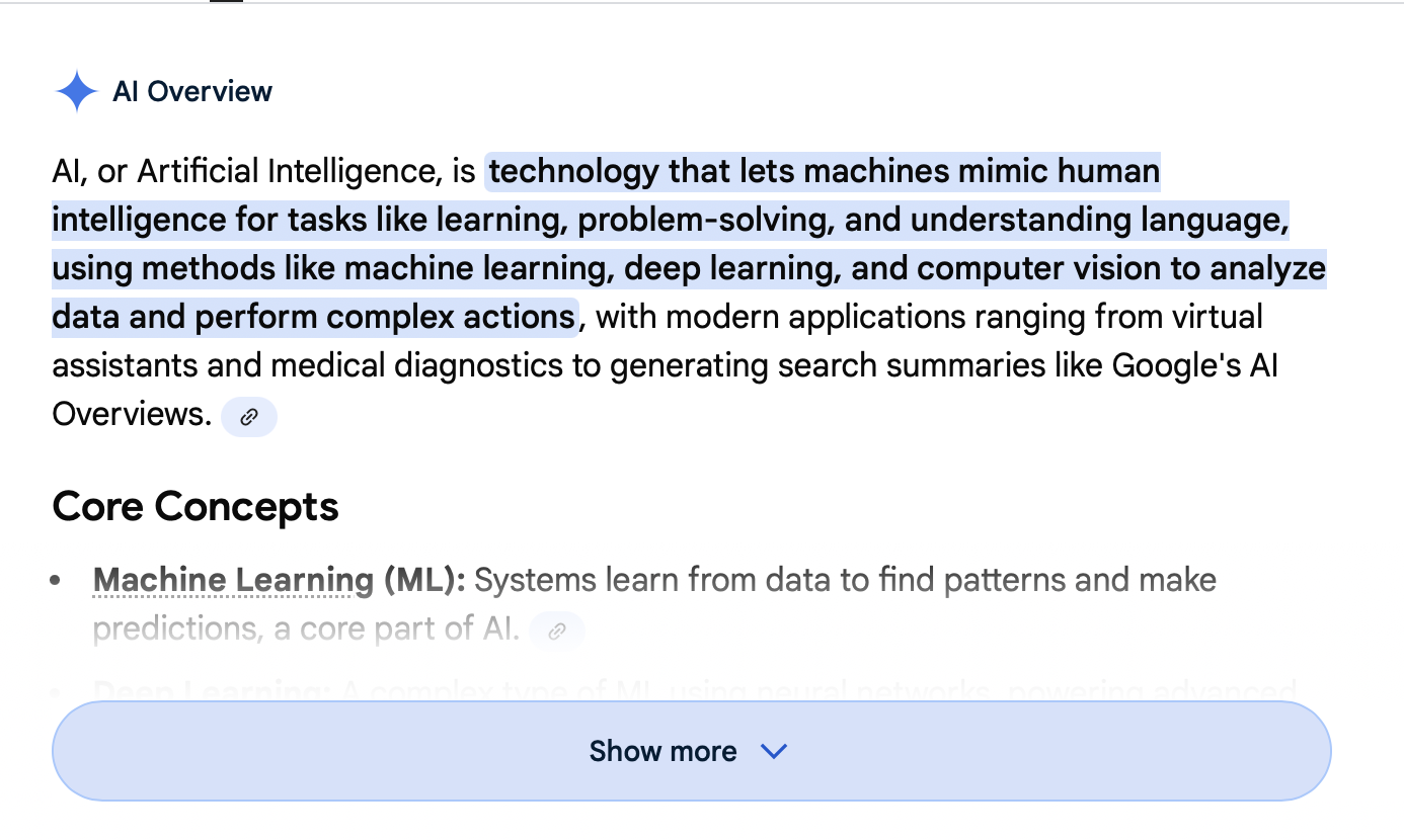 Text describing AI, its applications, and core concepts like machine learning and deep learning