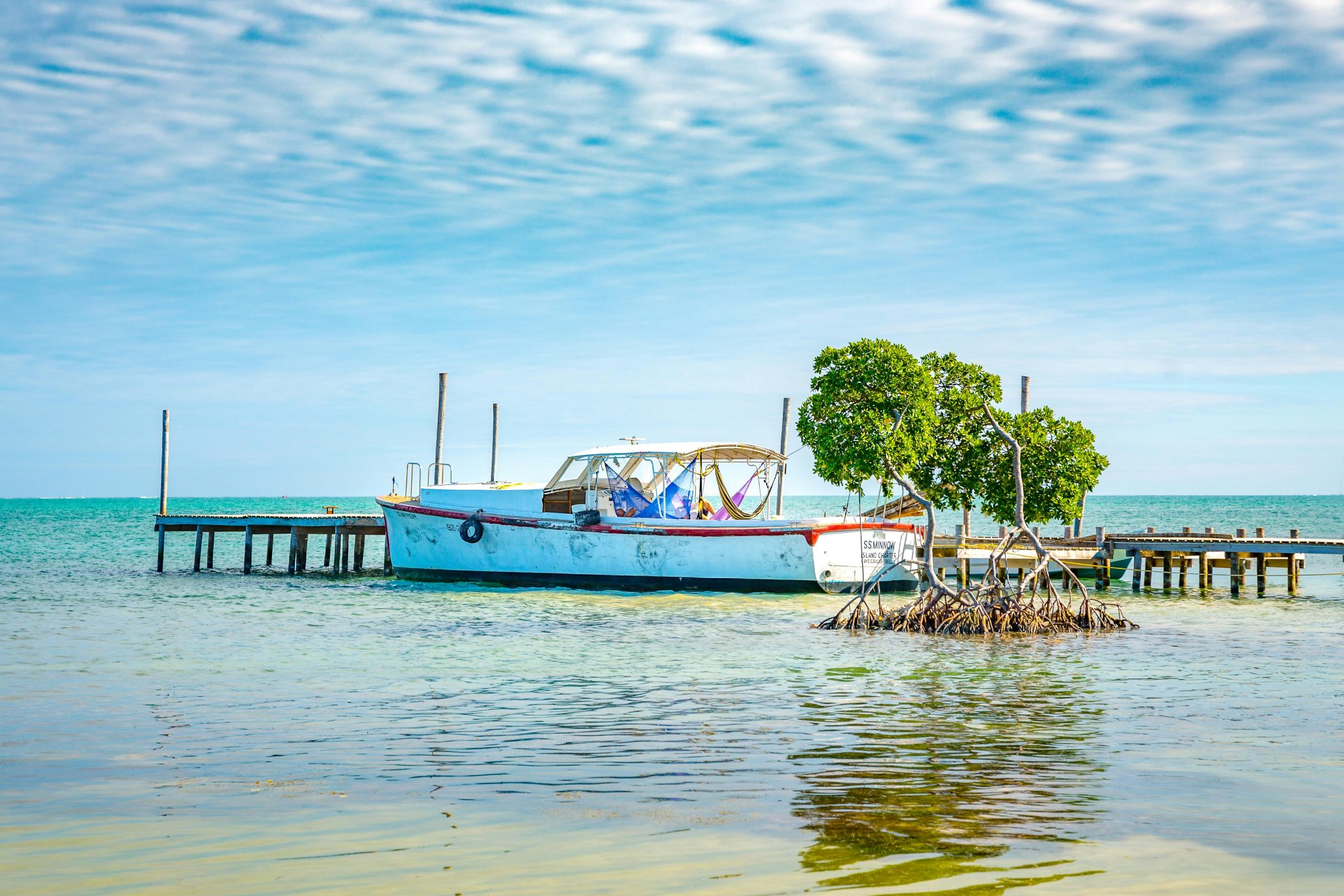 A serene view of a boat docked on the clear waters near the Belizean coast, with a mangrove nearby.